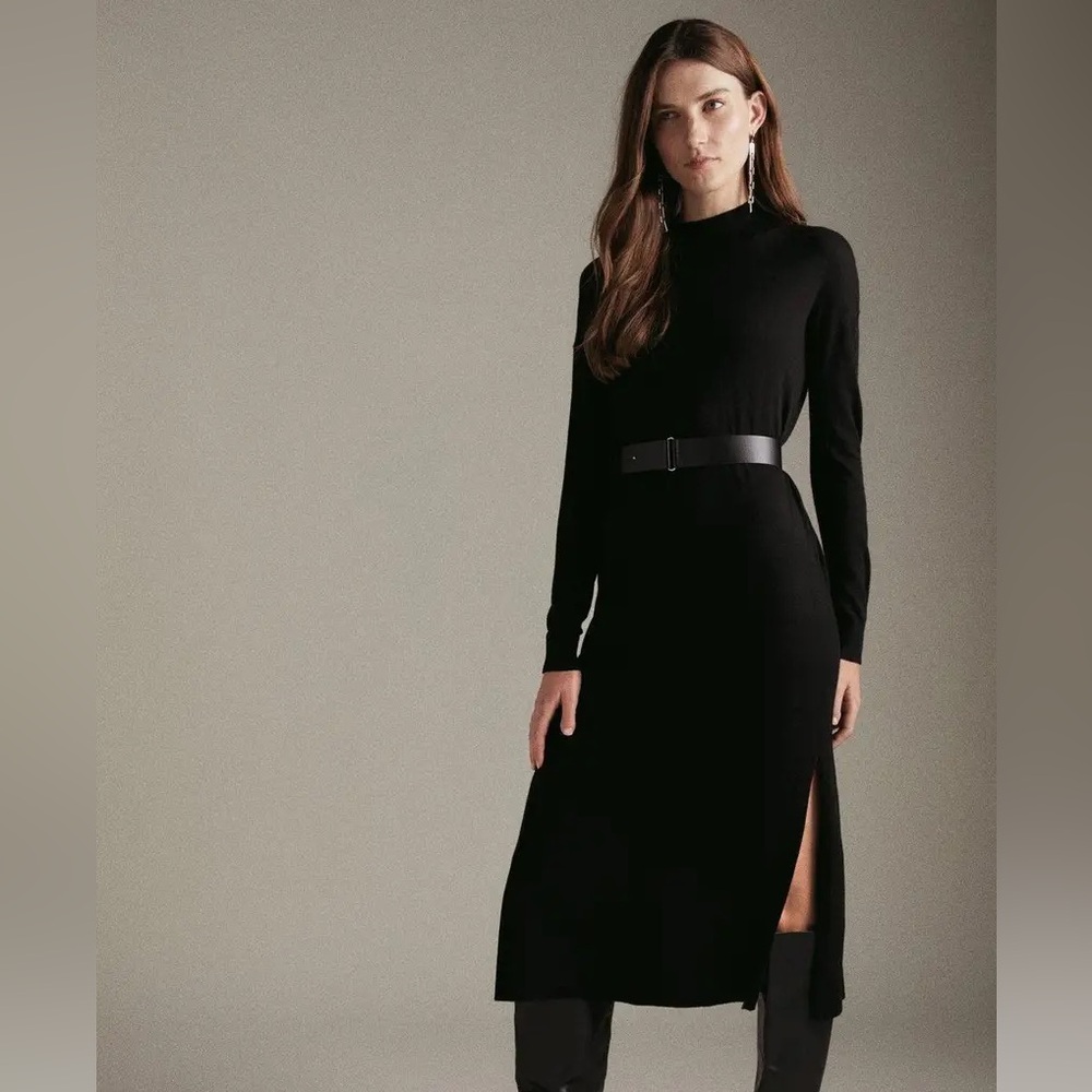 NWT Karen Millen Cashmere Blend Funnel Neck Belted Knit Midi Dress